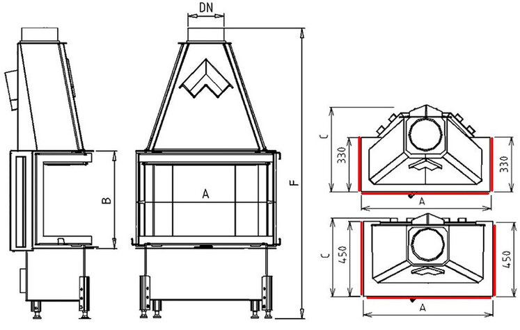 Kobok Chopok LD2 730/450 2R90-S/330, 10,5 kW trojstranné dvierka -sklo-otváranie do strany