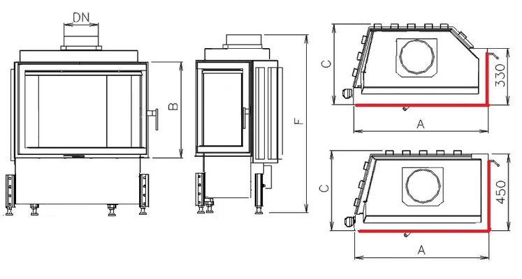Kobok Kazeta R90/S330 -LD, LD2 L/P670/450, 6,5kW rohové dvierka- otváranie do strany.